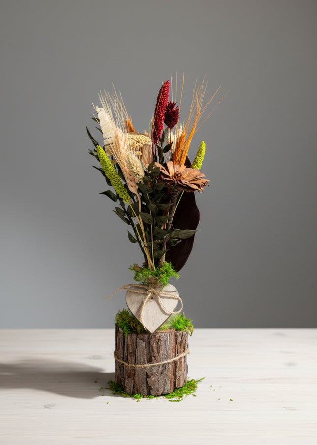 Mini-Aranjament Floral „Rustic Harvest” în Suport de Scoarță – Decor cu Flori Uscate, Grâu și Accente Bordo