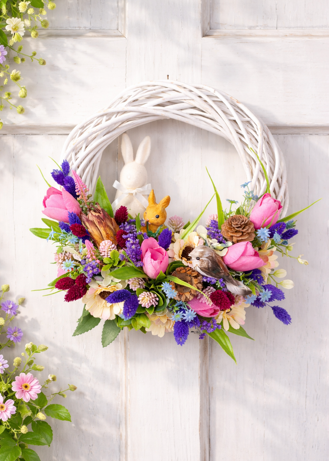 Coroniță florală de Paște „Pastel Nest” – decor festiv cu iepuraș, flori colorate și accente naturale