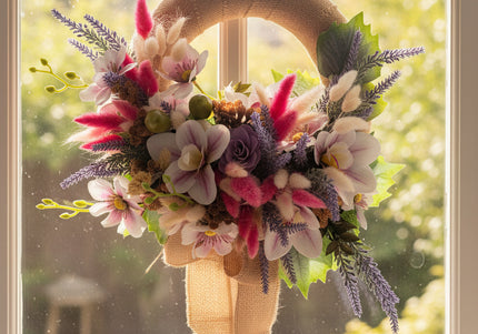 Coroniță Florală Handmade „Boho-Chic Dream” – Aranjament cu Iută, Flori Exotice și Accente de Lavandă
