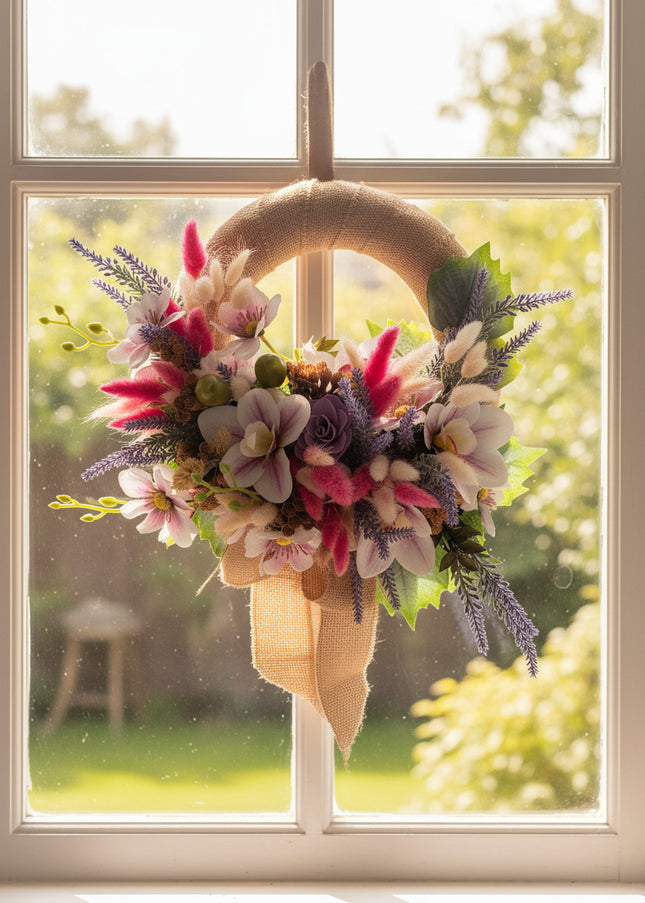 Coroniță Florală Handmade „Boho-Chic Dream” – Aranjament cu Iută, Flori Exotice și Accente de Lavandă