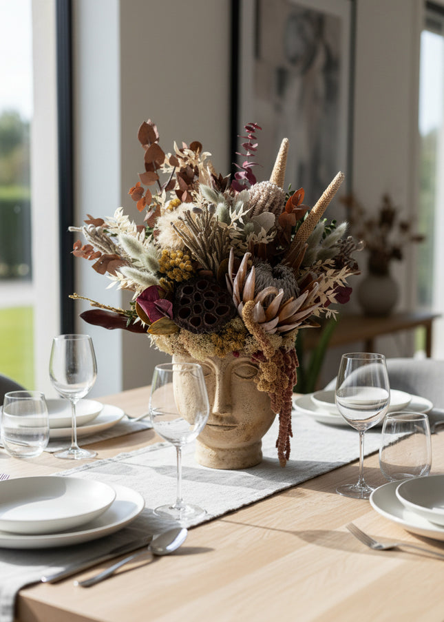 Aranjament Floral „Ancient Muse” în Bust Ceramic – Compoziție Luxury cu Protea King, Banksia și Texturi Botanice Antichizate