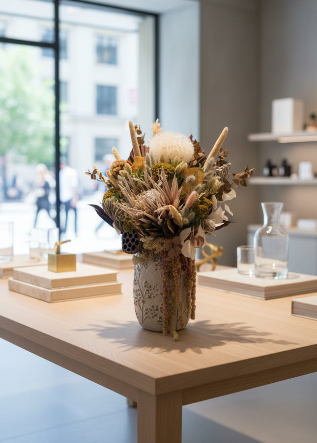 Aranjament Floral „Autumn Majesty” în Vază Ceramică Texturată – Compoziție Premium cu Protea King, Banksia și Accente Aurii