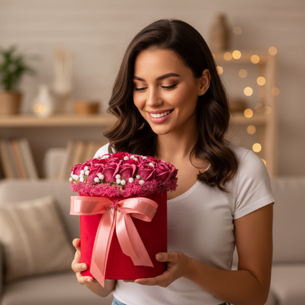 Aranjament Lux Trandafiri Săpun Roșii, Cutie Catifea