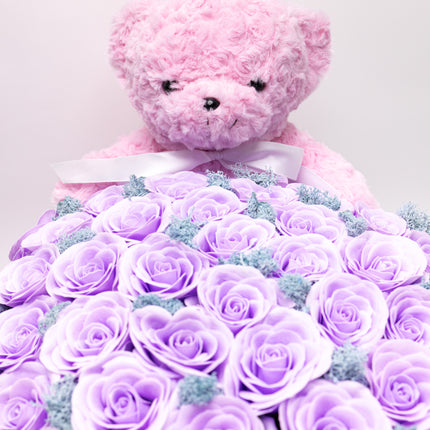 Aranjament Grandios 51 Trandafiri Imperiali Săpun Mov & Ursulet