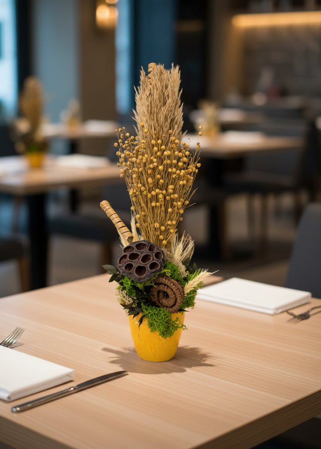 Aranjament Floral „Harvest Whisper” în Vas Galben – Compoziție Verticală cu Plante Uscate de Câmp, Lotus și Licheni