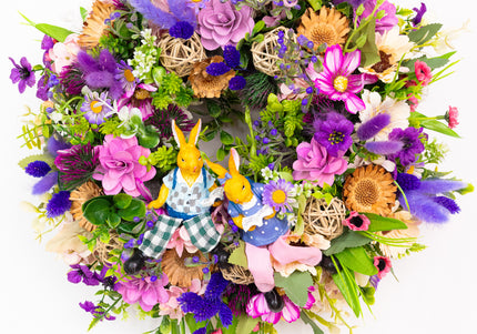 Coroniță de Paște „Spring Bunny Duo” – decor vesel cu iepurași și flori pastelate