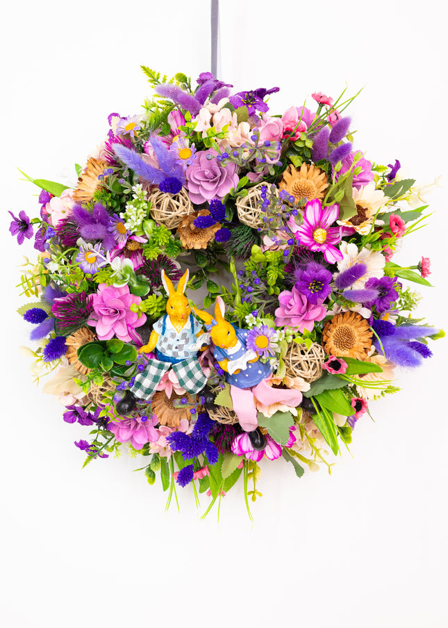 Coroniță de Paște „Spring Bunny Duo” – decor vesel cu iepurași și flori pastelate