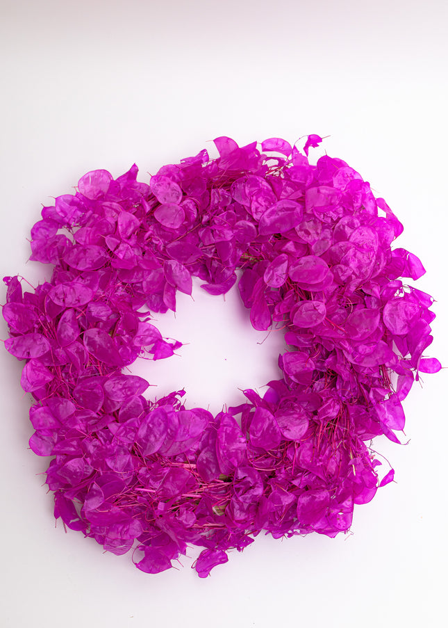 Coroniță Decorativă Lunaria Fucsia – Aranjament din Plante Naturale Uscate, Magenta Vibrant