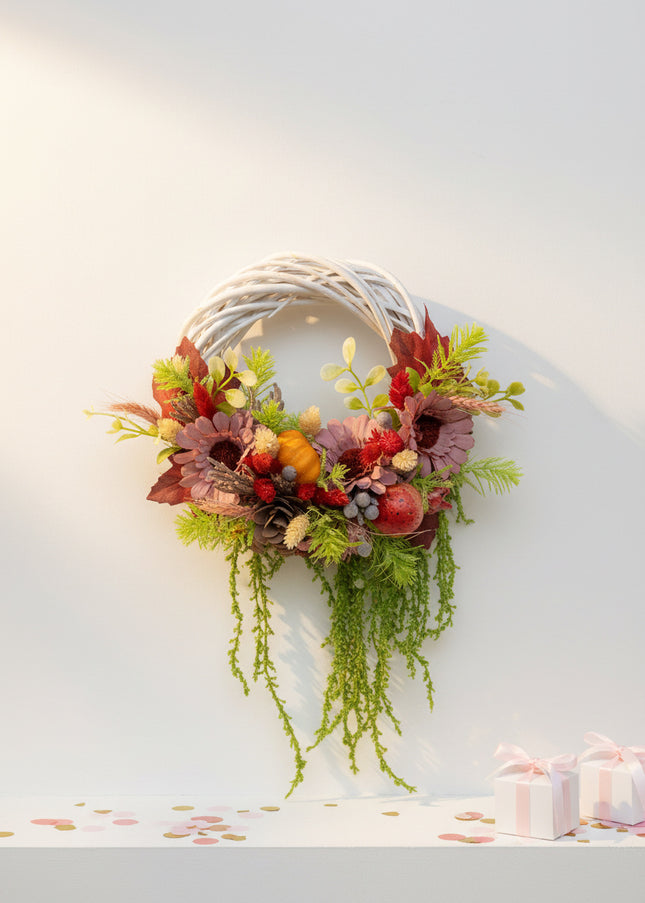 Coroniță Handmade „Autumn Harmony” – Aranjament Floral pe Bază de Răchită Albă cu Flori Roz-Bordo și Elemente de Recoltă