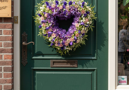 Coroniță florală „Lavender Heart” – decor elegant cu flori mov și accente pastel