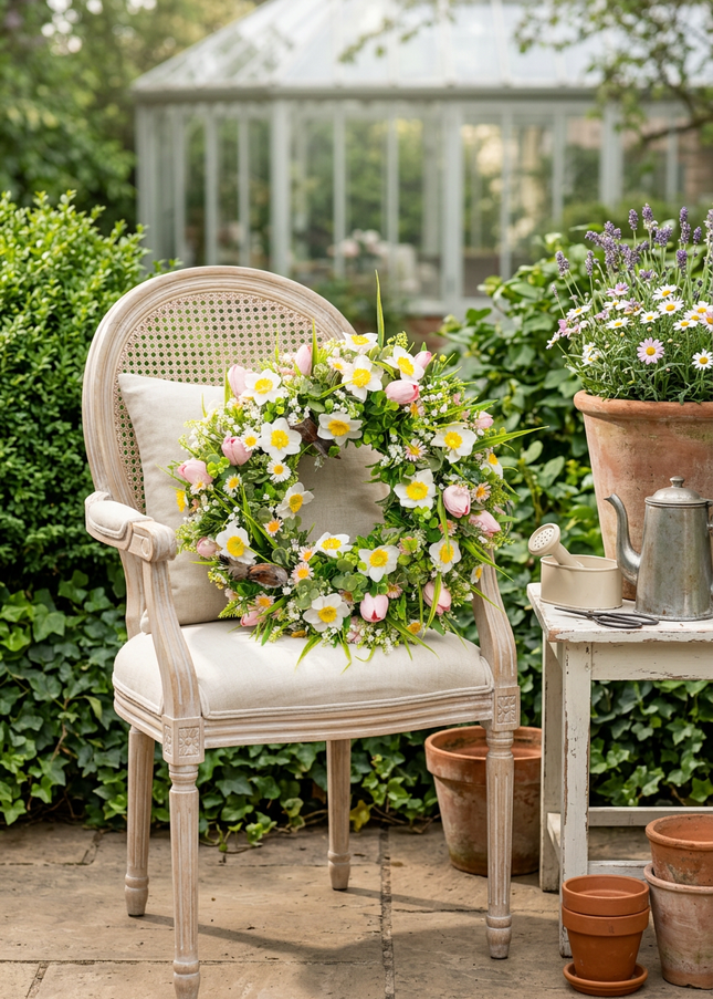 Coroniță florală „Spring Meadow” – decor natural cu flori albe, galbene și accente verzi