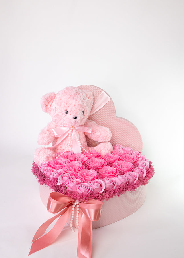 Aranjament Inimă Lux Trandafiri Săpun, Ursulet Catifea