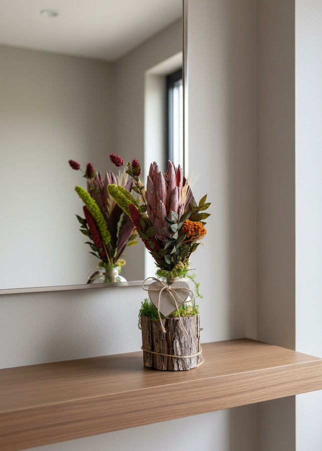 Mini-Aranjament Floral „Protea Soul” în Suport de Scoarță – Decor cu Floare Protea, Licheni și Accente Verzi