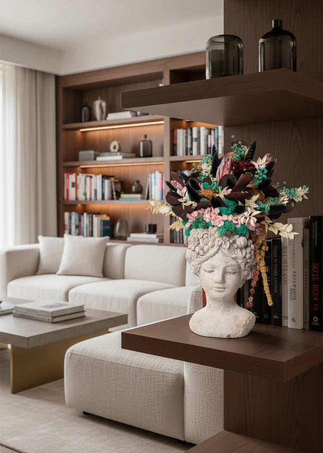 Aranjament floral „Velvet Muse” în bust sculptural – protea, hortensie și accente botanice