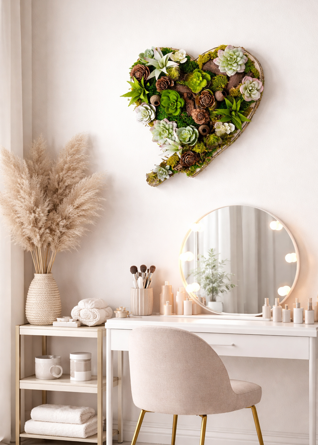 Tablou decorativ „Green Heart Succulent” – inimă cu plante suculente și mușchi stabilizat