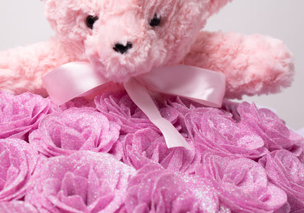 Buchet de Lux „Amethyst Bear Hug” cu 101 Trandafiri Sclipitori