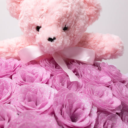 Buchet de Lux „Amethyst Bear Hug” cu Trandafiri Sclipitori