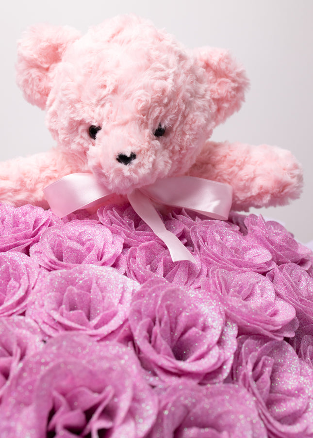 Buchet de Lux „Amethyst Bear Hug” cu Trandafiri Sclipitori