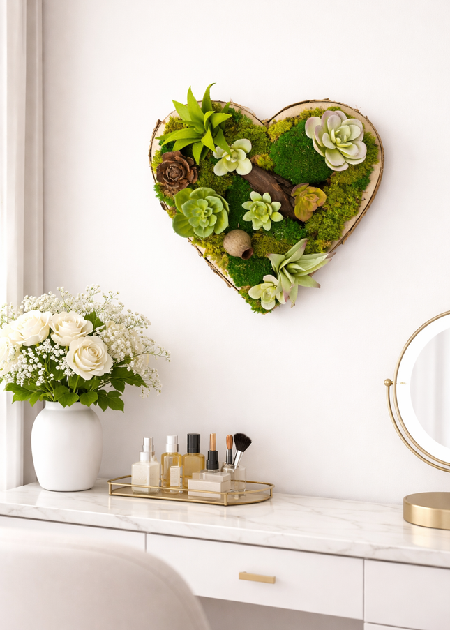 Tablou decorativ „Forest Heart Mini” – inimă cu suculente și mușchi stabilizat