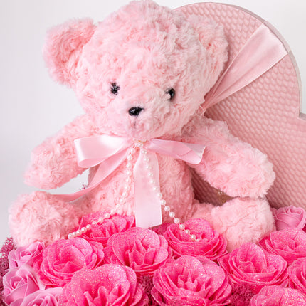 Aranjament Inimă Lux Trandafiri Săpun, Ursulet Catifea