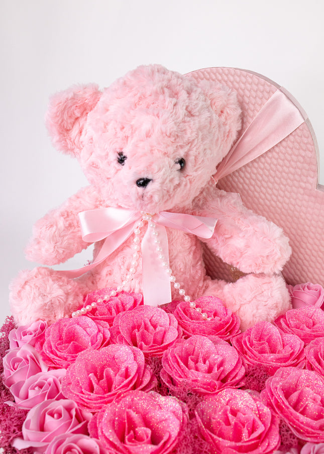 Aranjament Inimă Lux Trandafiri Săpun, Ursulet Catifea