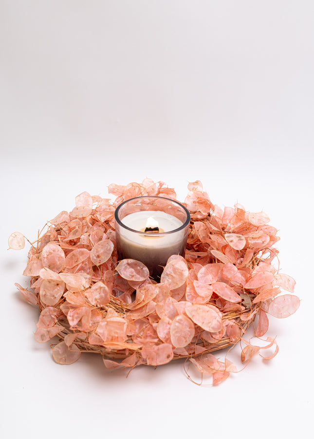 Coroniță Decorativă Lunaria Piersică – Aranjament Natural Handmade, Nuanță Somon Pastel