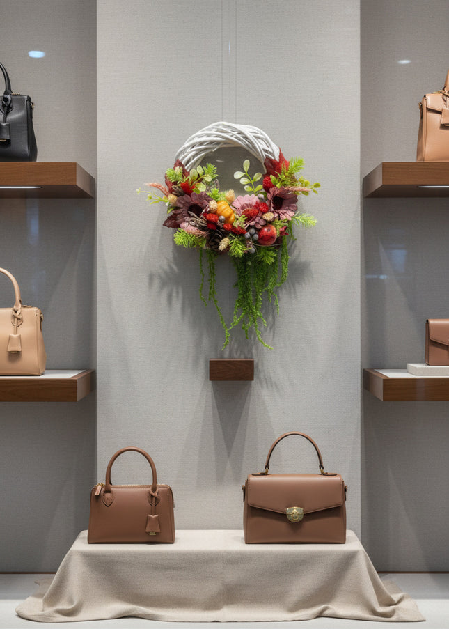 Coroniță Handmade „Autumn Harmony” – Aranjament Floral pe Bază de Răchită Albă cu Flori Roz-Bordo și Elemente de Recoltă