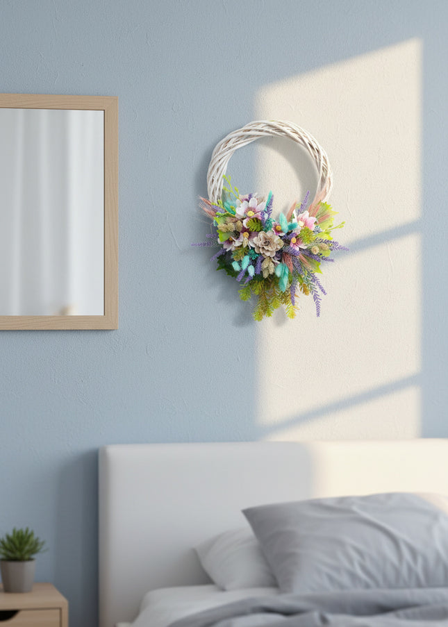 Coroniță Handmade „Spring Breeze” – Aranjament pe Bază de Răchită Albă cu Flori Pastelate