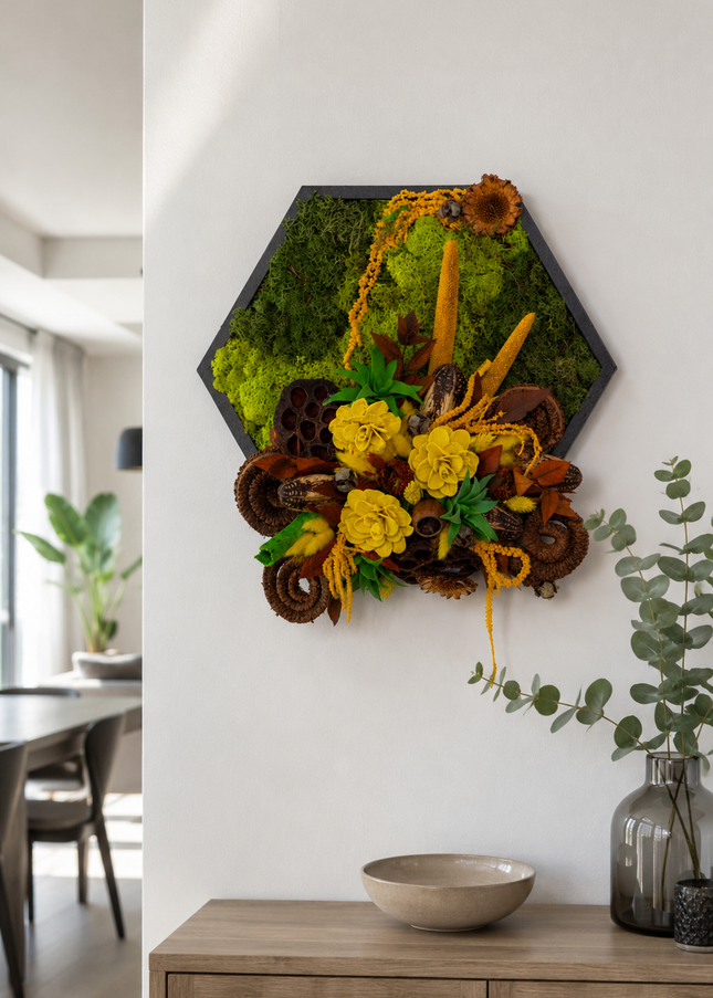Tablou decorativ hexagonal „Golden Grove” – compoziție în tonuri aurii și naturale