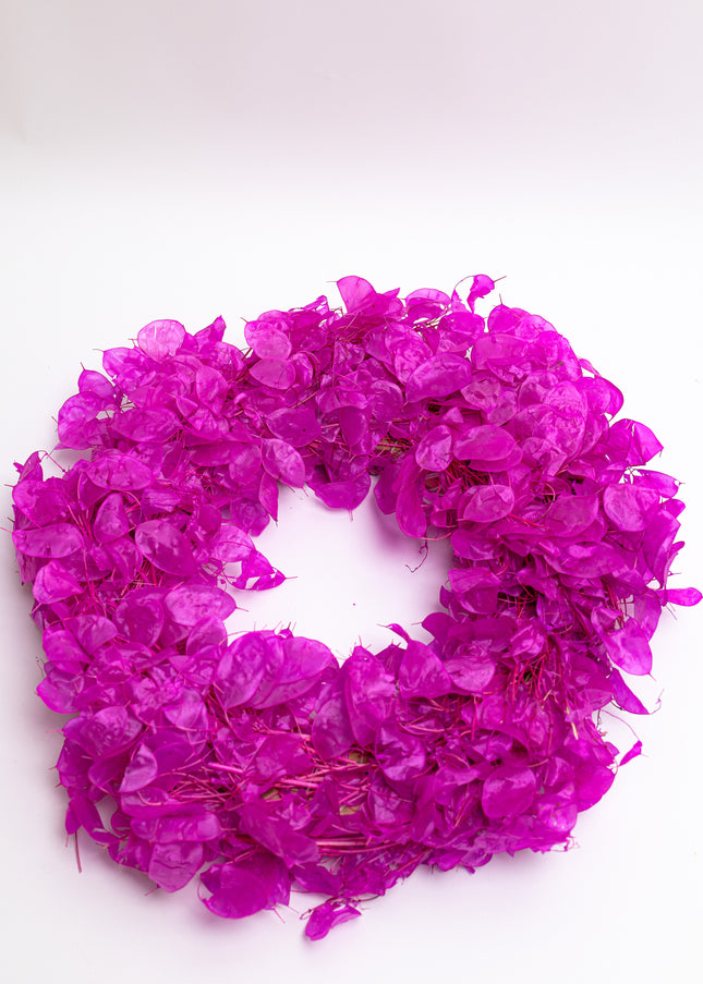 Coroniță Decorativă Lunaria Fucsia – Aranjament din Plante Naturale Uscate, Magenta Vibrant