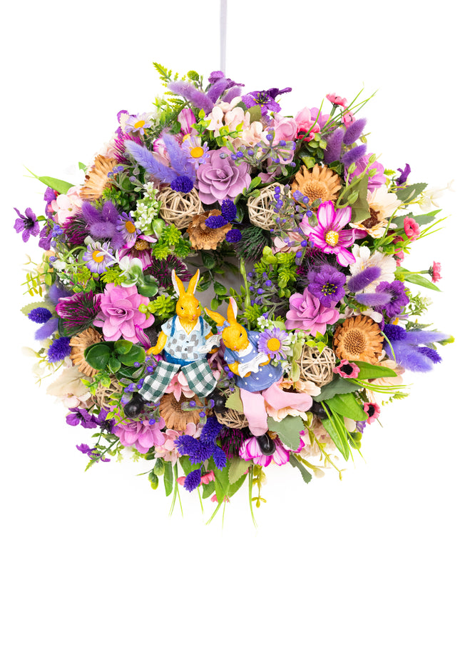 Coroniță de Paște „Spring Bunny Duo” – decor vesel cu iepurași și flori pastelate