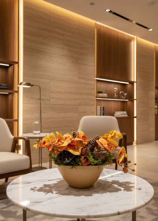 Aranjament Floral „Golden Orchid” în Vas Ceramic – Compoziție cu Orhidee Galbene, Licheni și Elemente Naturale Conservate