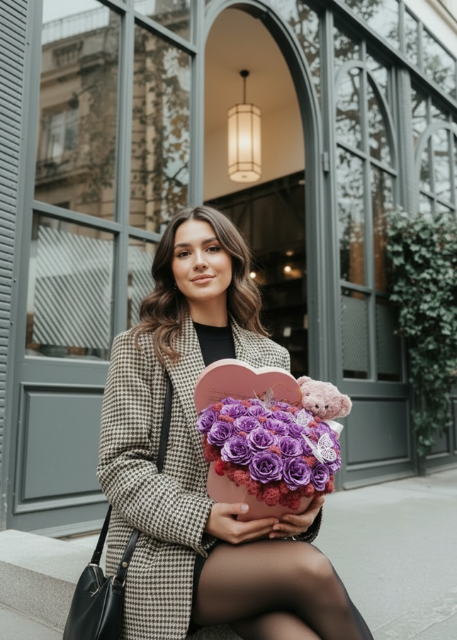 Aranjament Inimă Roz cu 47 Trandafiri Imperiali Mov (Glitter), Ursulet & Fluturi