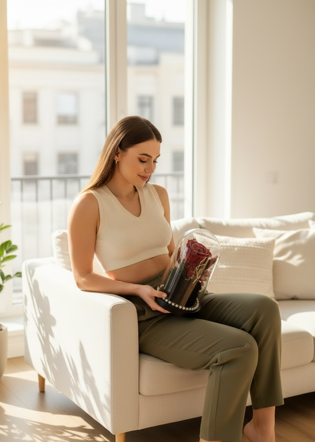 Cupolă Lux Trandafir Criogenat Roșu cu Cristale & Perle