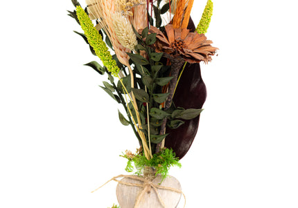 Mini-Aranjament Floral „Rustic Harvest” în Suport de Scoarță – Decor cu Flori Uscate, Grâu și Accente Bordo
