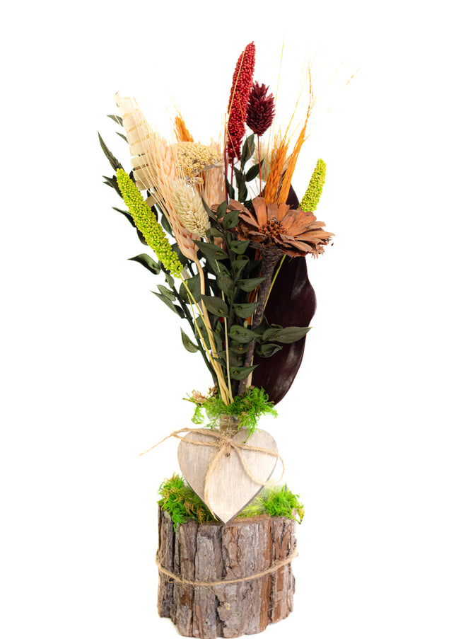 Mini-Aranjament Floral „Rustic Harvest” în Suport de Scoarță – Decor cu Flori Uscate, Grâu și Accente Bordo