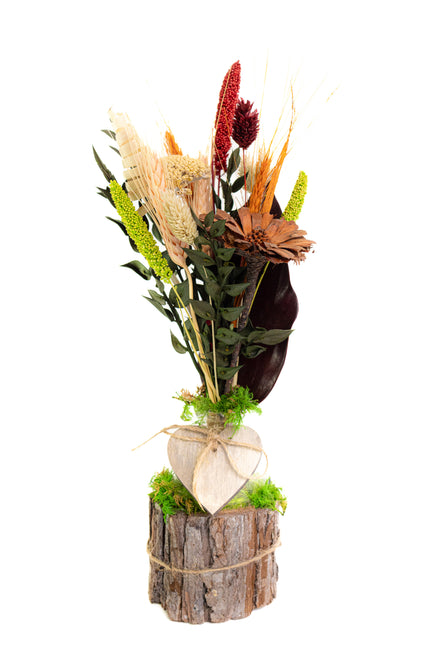 Mini-Aranjament Floral „Rustic Harvest” în Suport de Scoarță – Decor cu Flori Uscate, Grâu și Accente Bordo