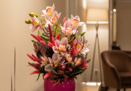 Aranjament floral „Pink Aura” în vas ceramic – orhidee roz și accente decorative