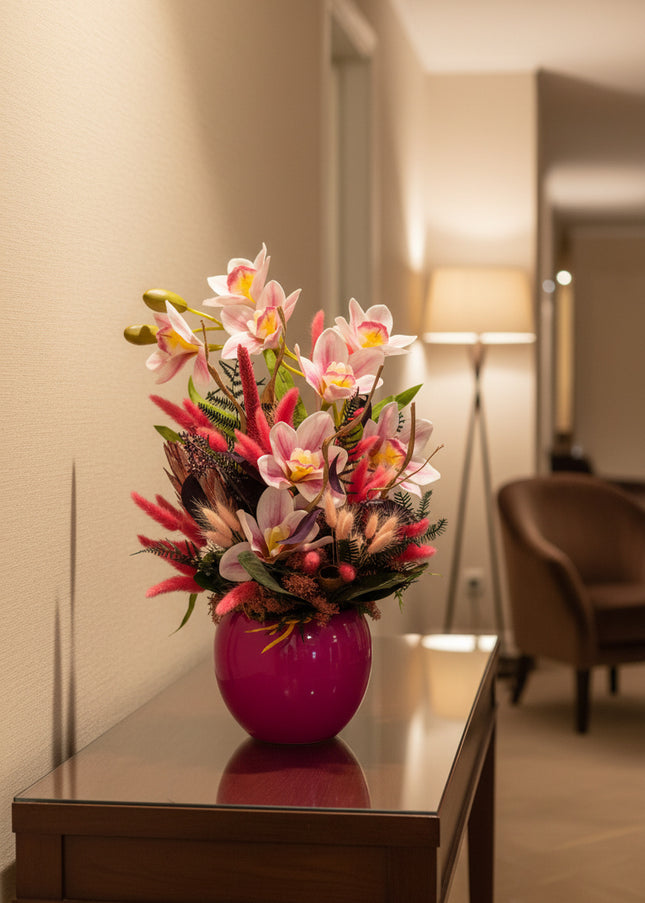 Aranjament floral „Pink Aura” în vas ceramic – orhidee roz și accente decorative