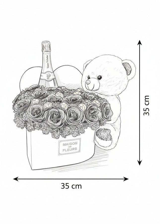 Aranjament Inimă 31 Trandafiri Săpun Negri (Glitter), Șampanie & Ursulet