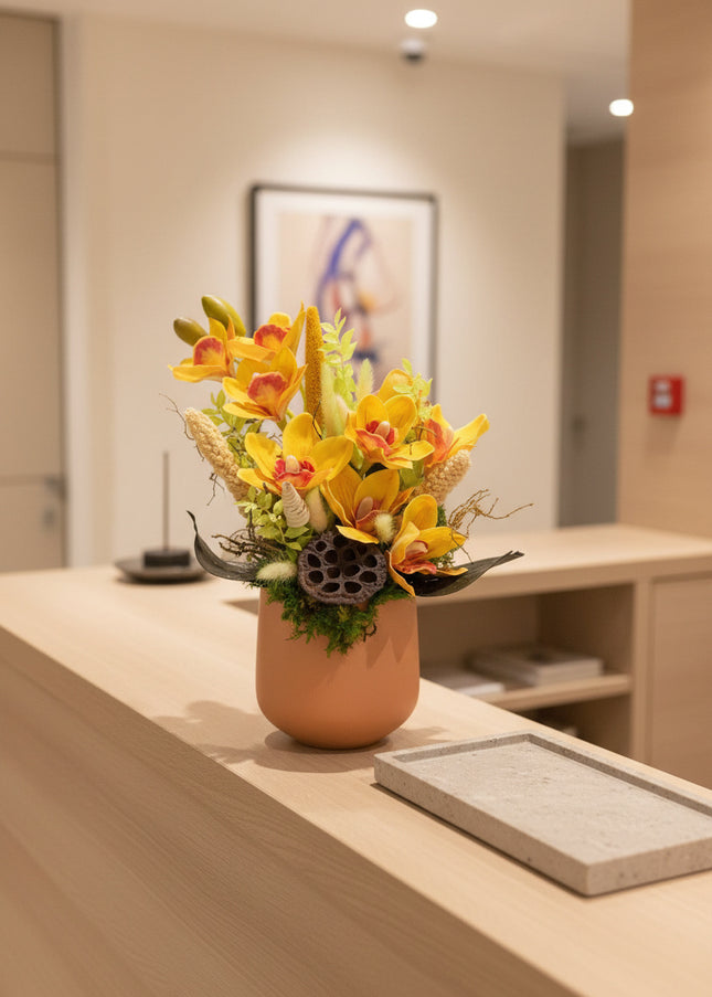 Aranjament Floral „Cymbidium Gold” în Vas Mat – Creație Handmade cu Orhidee Galbene și Accente Botanice Exotice