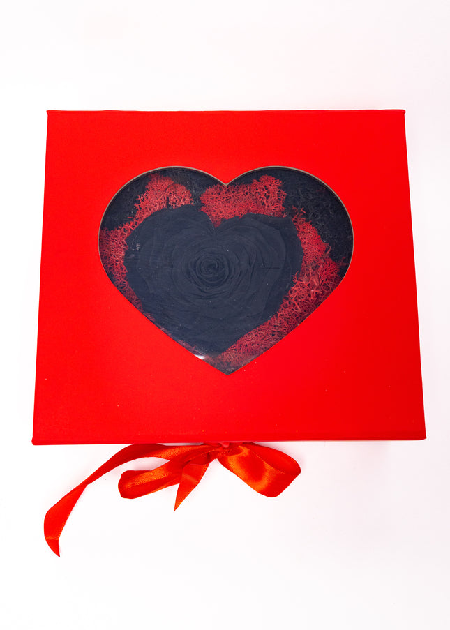 Trandafir Criogenat Negru Inimă Handmade, Cutie Roșie