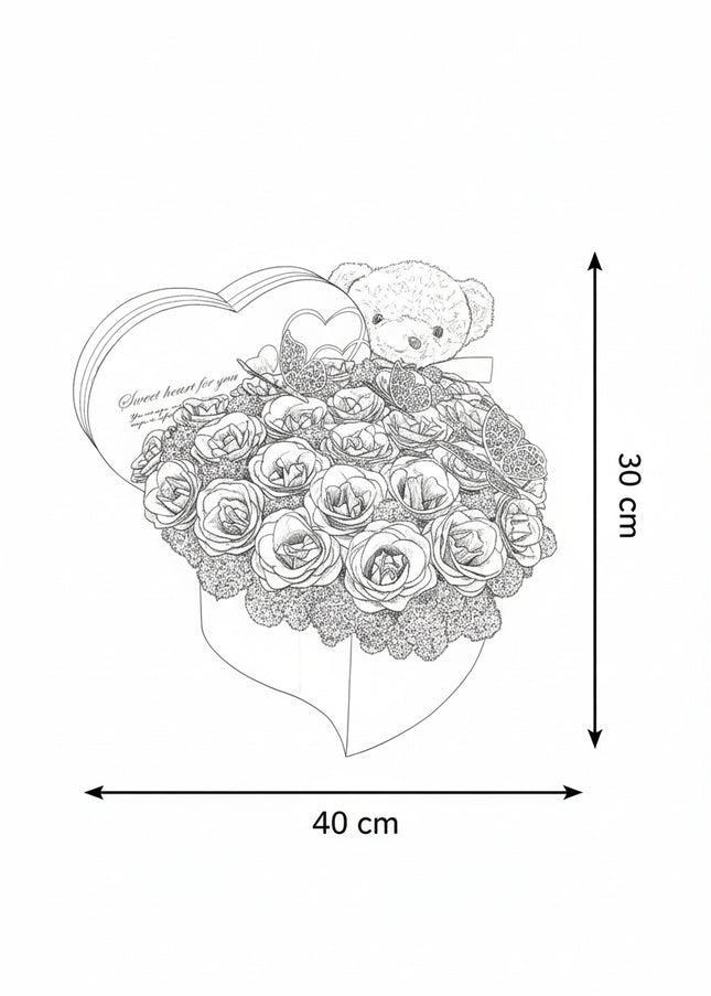 Aranjament Inimă Roz cu 47 Trandafiri Imperiali Mov (Glitter), Ursulet & Fluturi
