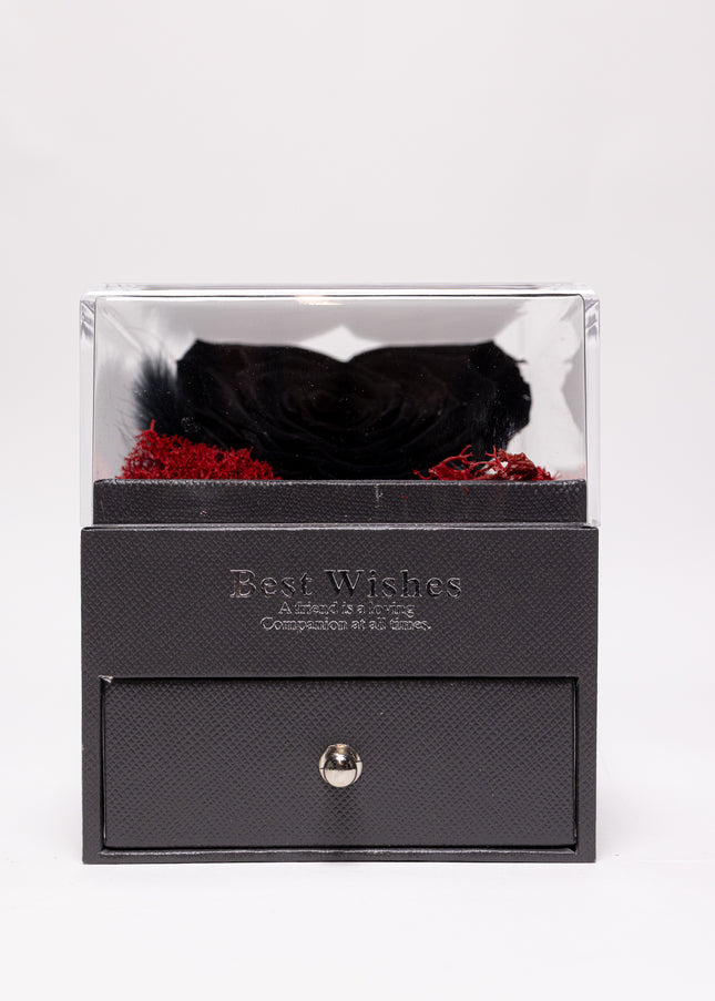 Trandafir Criogenat Negru (Inimă), Cutie Acrilică "Best Wishes"