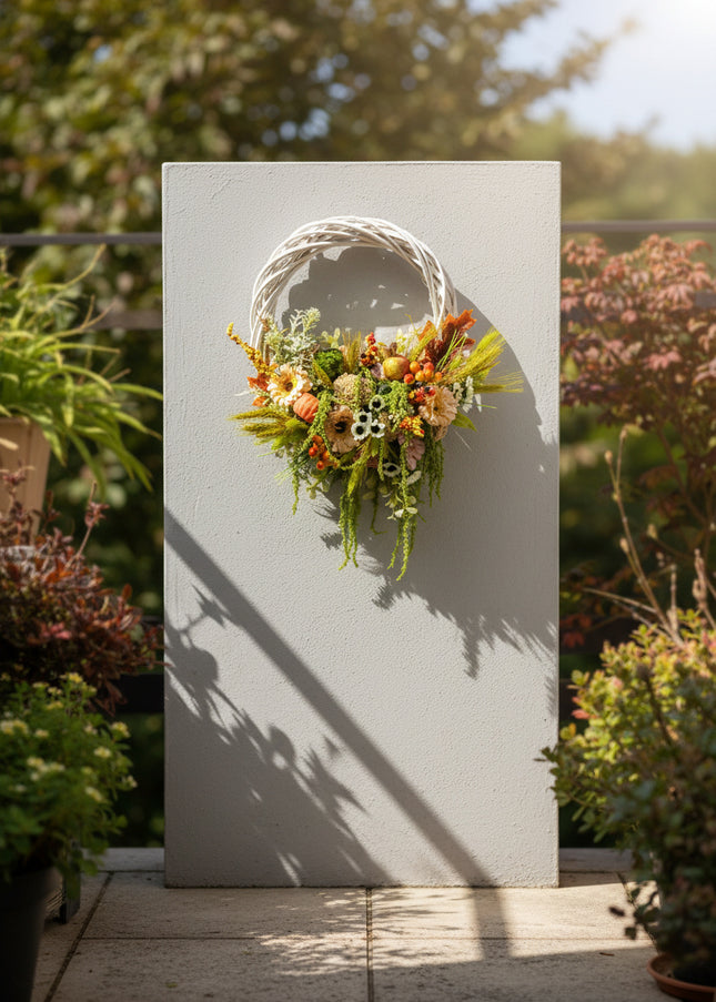 Coroniță Florală „Autumn Harvest” – Aranjament Handmade pe Bază de Răchită Albă, Design Bogat cu Plante Uscate