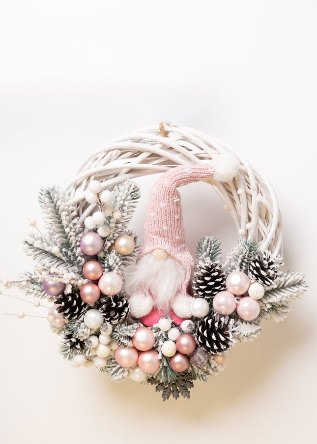 Coroniță Crăciun "Pink Gnom" pe Lemn Natural Împletit