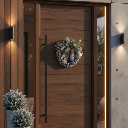 Coroniță Crăciun "Silver Woodland" pe Lemn Împletit Gri