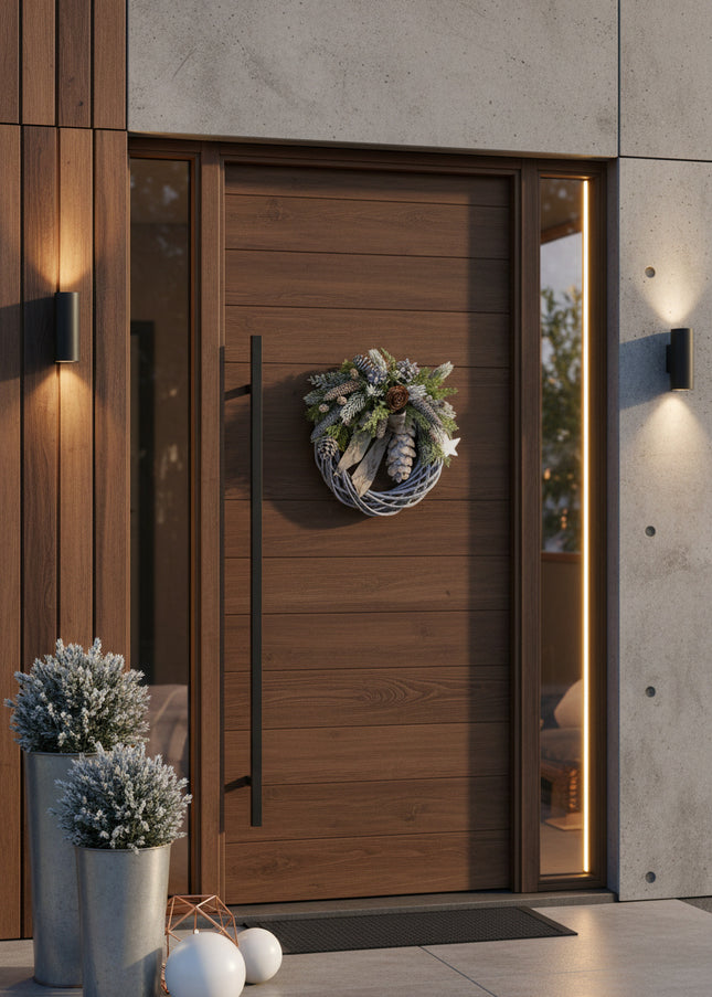 Coroniță Crăciun "Silver Woodland" pe Lemn Împletit Gri