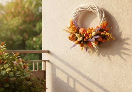 Coroniță Handmade „Golden Harvest” – Aranjament Rustic pe Răchită Albă cu Lavandă, Dovleci și Fructe de Pădure
