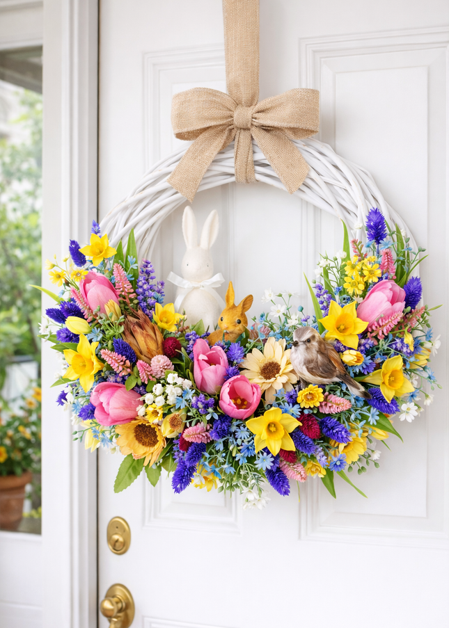 Coroniță florală de Paște „Pastel Nest” – decor festiv cu iepuraș, flori colorate și accente naturale